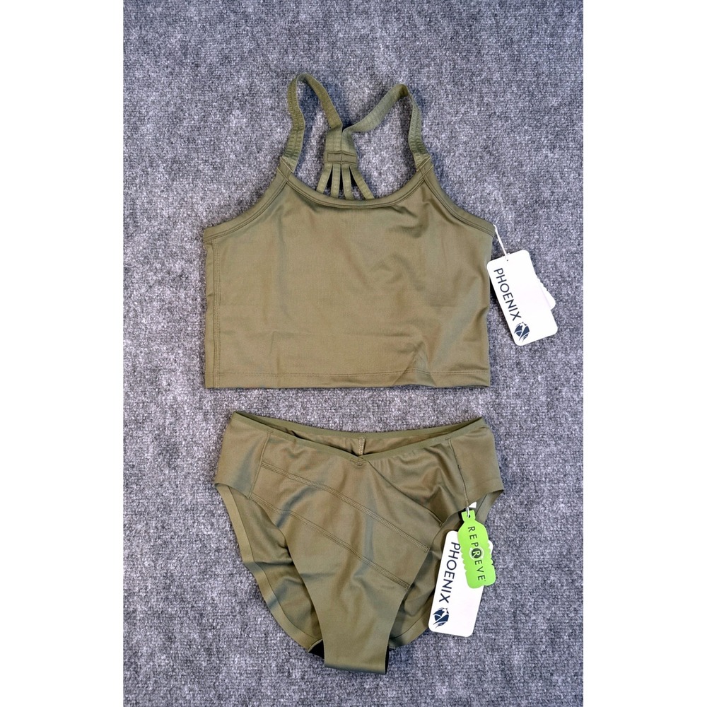 Phoenix Womens Large Olive Green Malibu Multi-Strap Bra Bikini Bottom Bundle NWT